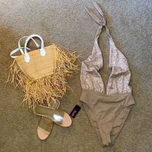 HMS Nude Sequin Halter Top Bathing Suit- NWT